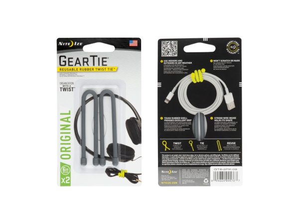 GEAR TIE® REUSABLE RUBBER TWIST TIE™ (2pcs), Charcoal - length 6"